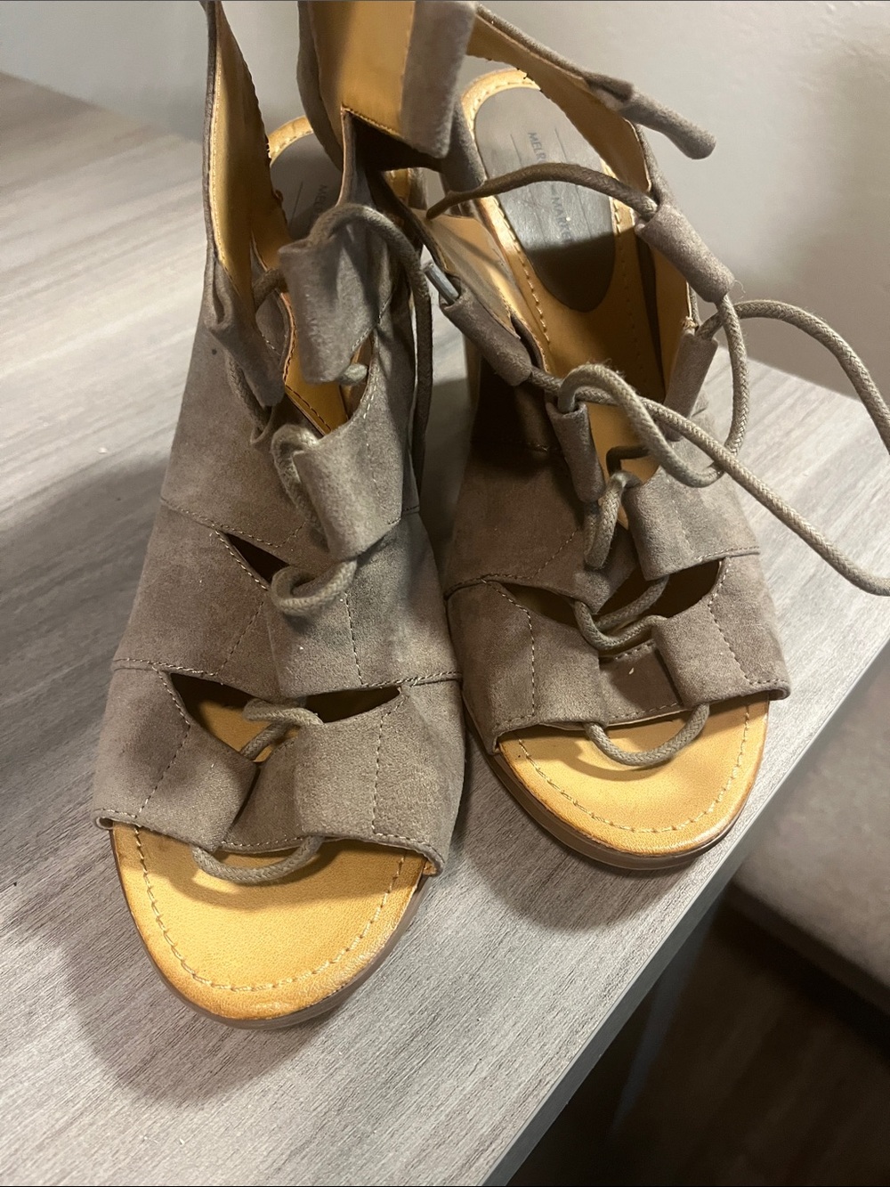 Melrose and Market Taupe Suede Lace-Up Open-Toe Heels